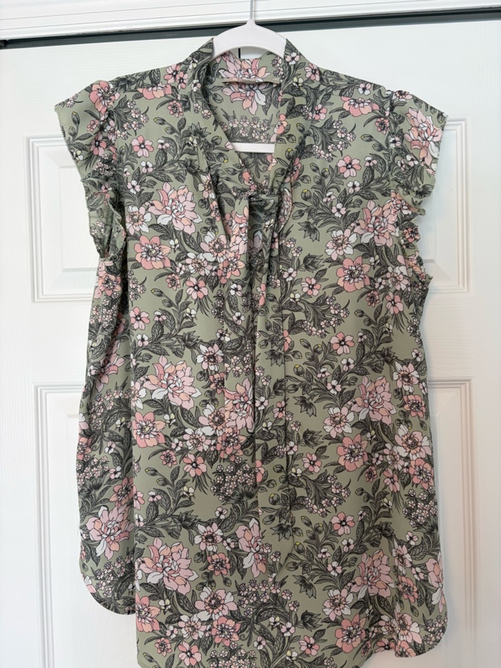 LOFT Olive Green & Light Pink Floral Tie-Neck Blouse